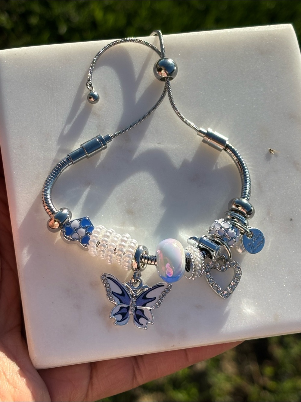 Sterling Silver Butterfly Charm Bracelet - White & Blue